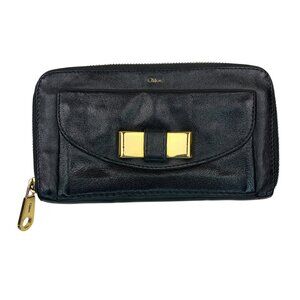 Vintage Chloe Lily Black Leather & Gold Bow Long Continental Zip Wallet, EUC